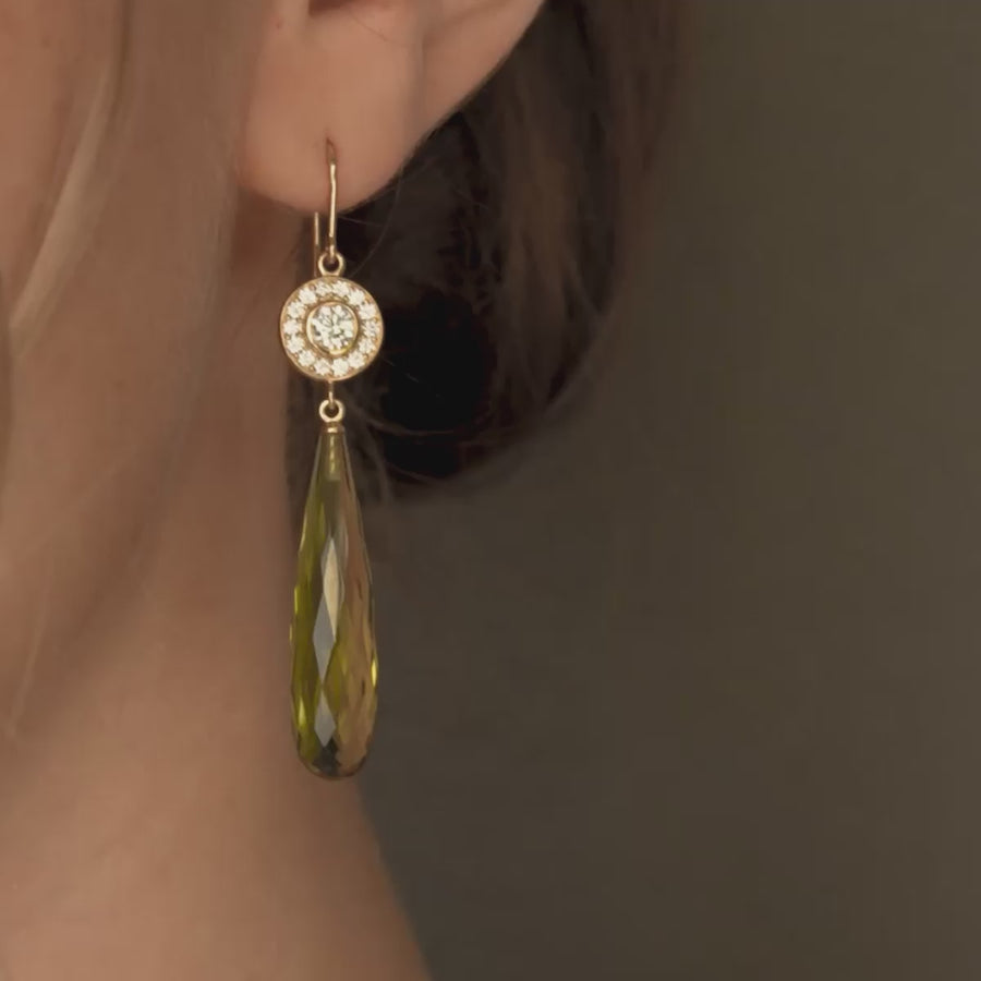 Heritage Earrings with Briolette Ear Pendants Olive Quartz